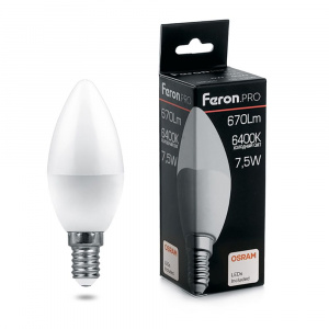 FERON PRO Лампа светодиодная LB-1307 (7.5W) 230V E14 6400K C37 свеча OSRAM LED*