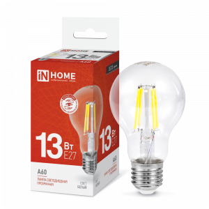 IN HOME Лампа светодиодная LED-A60-deco 13Вт 230В Е27 4000К 1370Лм прозрачная