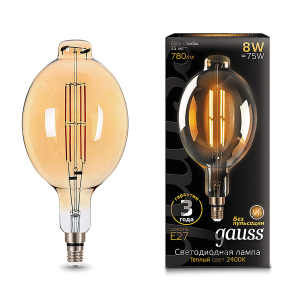 Gauss лампа светодиодная Vintage Filament BT180 8W E27 180*360mm Amber 780lm 2400K