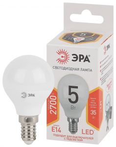 ЭРА лампа светодиодная шарик Р45 5W Е-14 теплый*