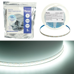 FERON Лента светодиодная, 240SMD(2835)/м 19Вт/м 12V 5000*10*1.22мм 6500К, IP20, LS617 FERON