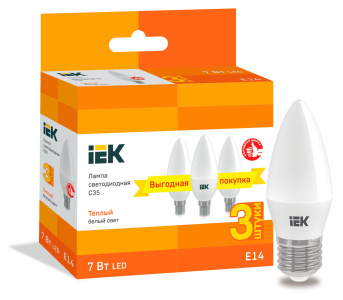 Лампа светодиодная C35 свеча 7Вт 230В 3000К E14 (3шт/упак) IEK