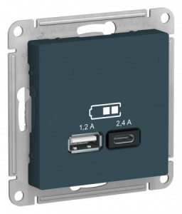 Systeme (Schneider) Electric  ATLASDESIGN USB РОЗЕТКА A+С, 5В/2,4 А, 2х5В/1,2 А, механизм, ИЗУМРУД