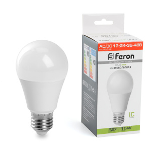FERON Лампа светодиодная низковольтная, (15W) 12-48V E27 4000K A60, LB-194
